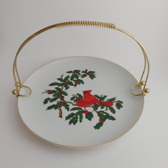 Vintage Lefton China Cardinal Serving Plate Removable Brass Handle Christmas - Picture 1 of 7